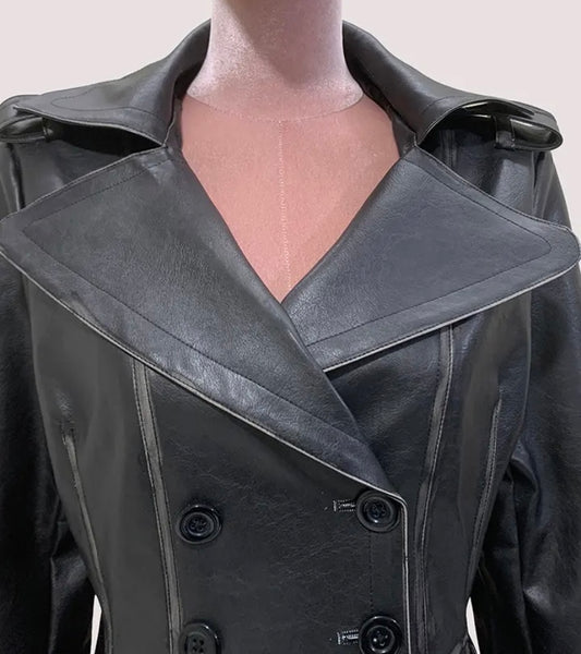 Women Black Fashion Faux Leather Trench Short Jacket