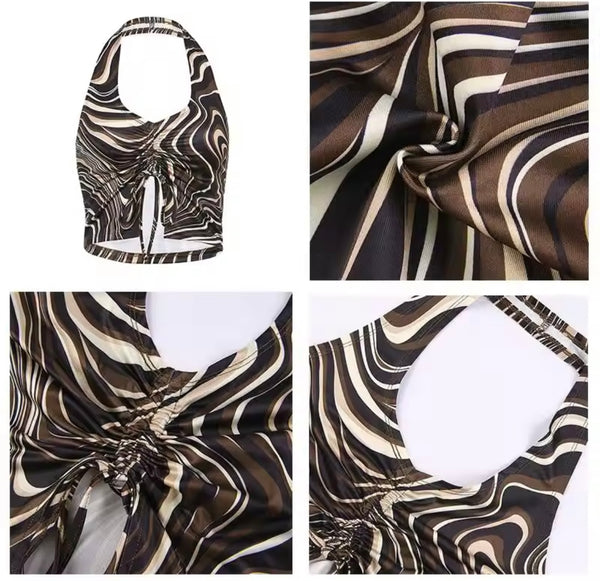 Women Sexy Multicolored Print Halter Sleeveless Crop Top