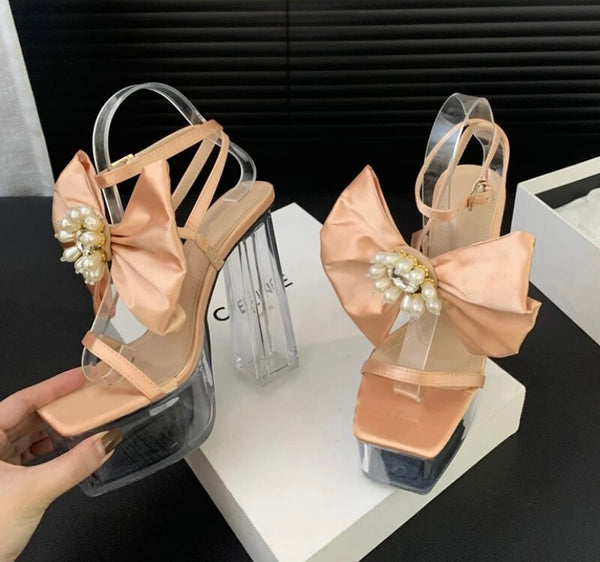 Women Color Bow Transparent Platform Ankle Strap Sandals