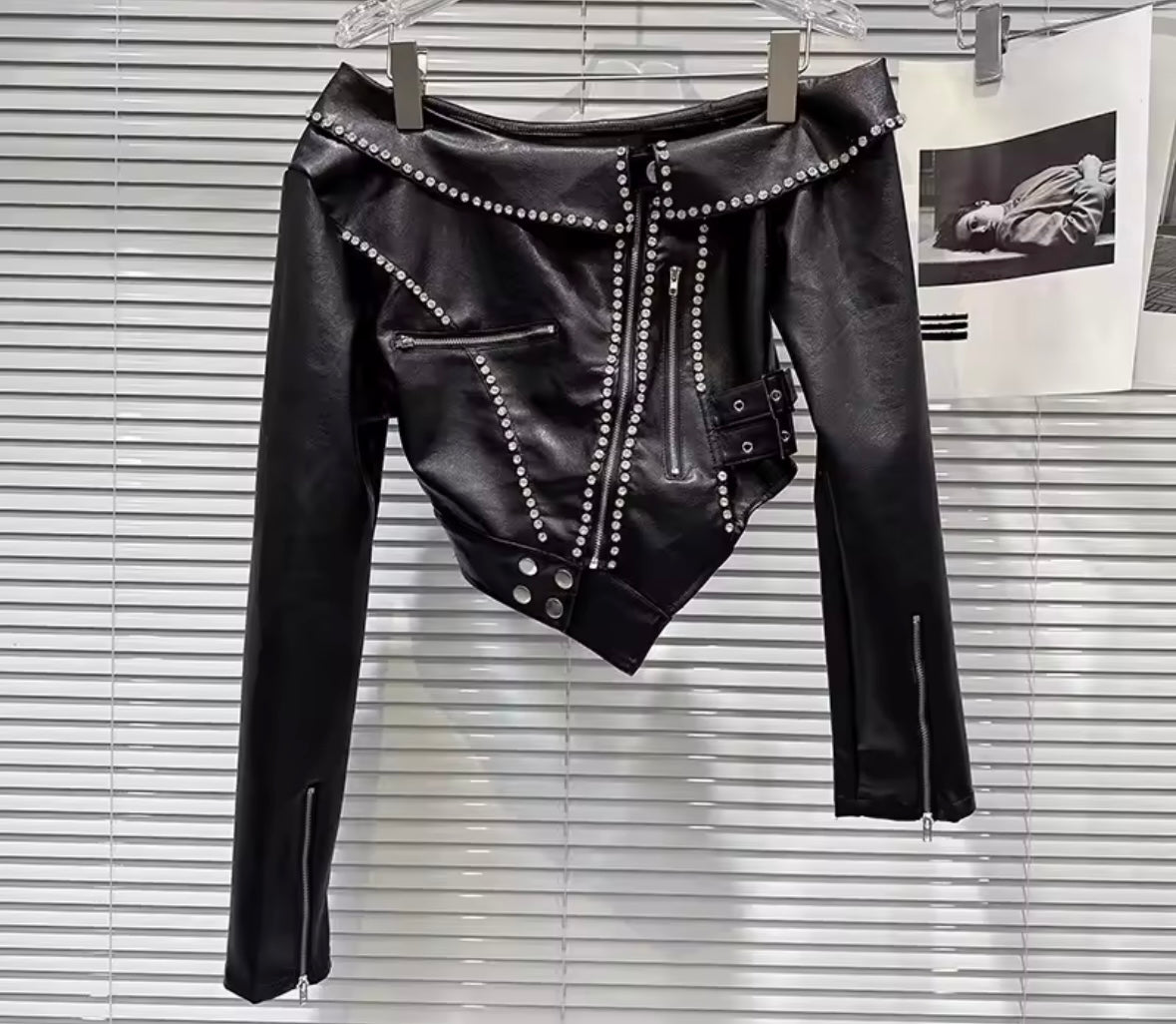 Women Off The Shoulder Zip Up Rhinestone Faux Leather Jacket