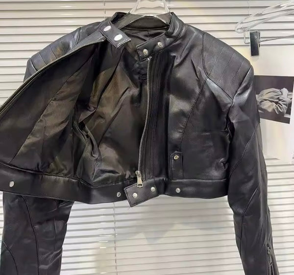 Women Fashion Zip Up Button Faux Leather Jacket