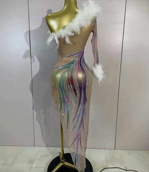 Women Sexy One Shoulder Feather Colorful Rhinestone Dress