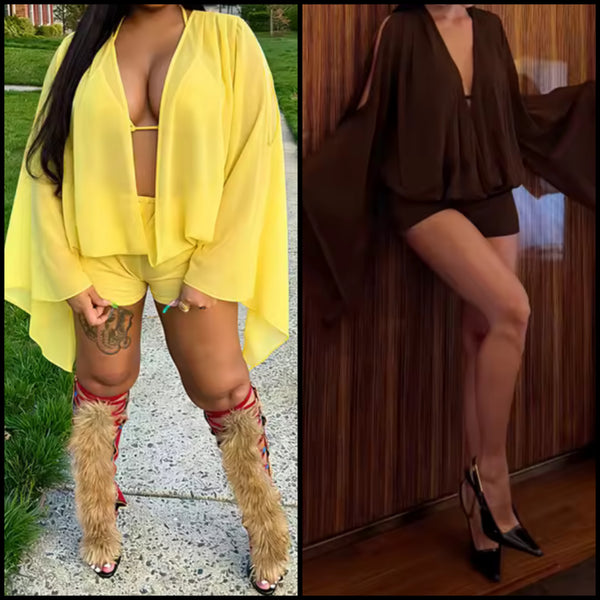 Women Sexy Mesh Full Flare Sleeve Three Piece Short Set