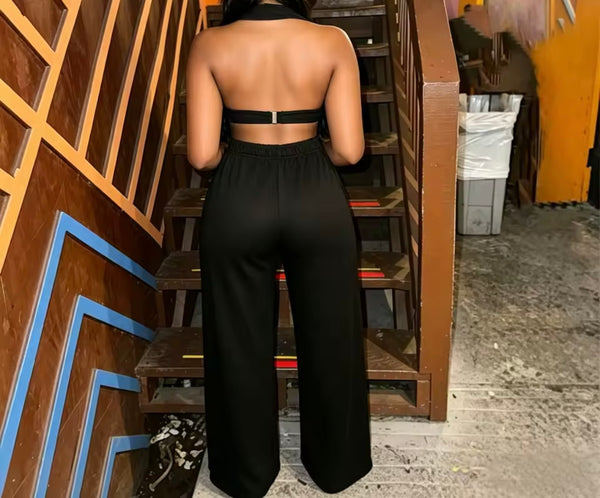 Women Fashion Halter Sleeveless Metal Ring Two Piece Pant Set