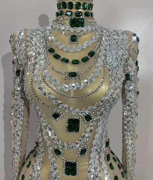 Women Sexy Crystal Rhinestone Mesh Full Sleeve Dress