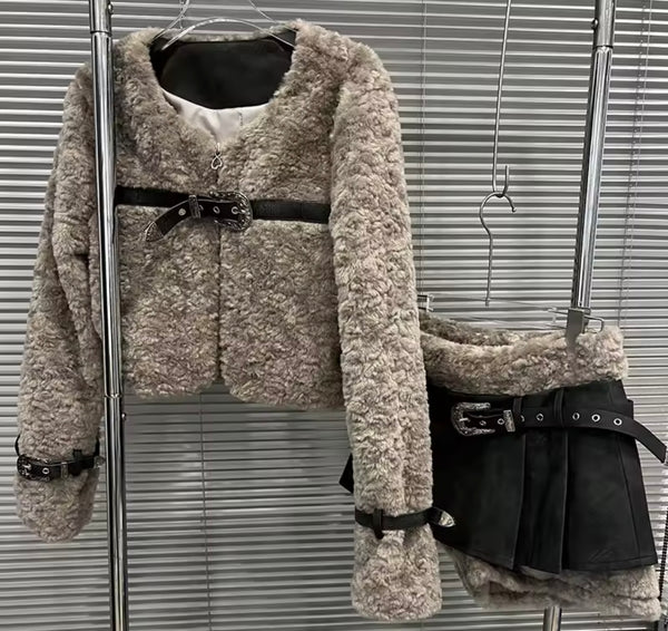 Women Fashion Fur Buckled Jacket Two Piece Skirt Set