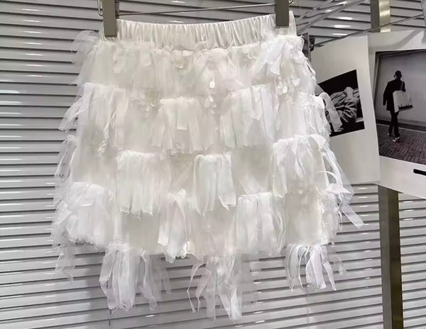 Women White Rhinestone Halter Sexy Two Piece Tassel Skirt Set