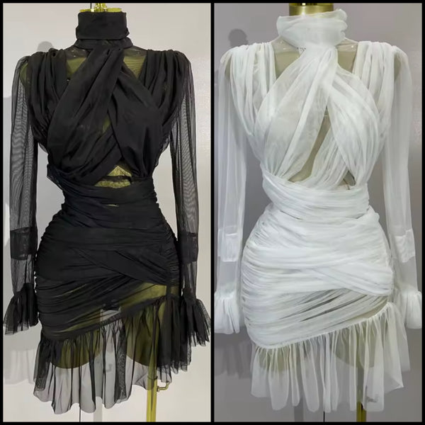 Women White Sexy Ruffled Ruched Mesh Full Sleeve Dress
