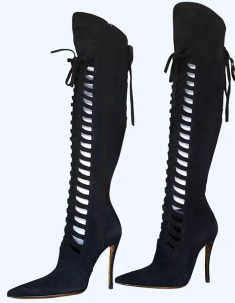 Women Color Fashion Pointed Toe Tie Up Suede Knee High Boots