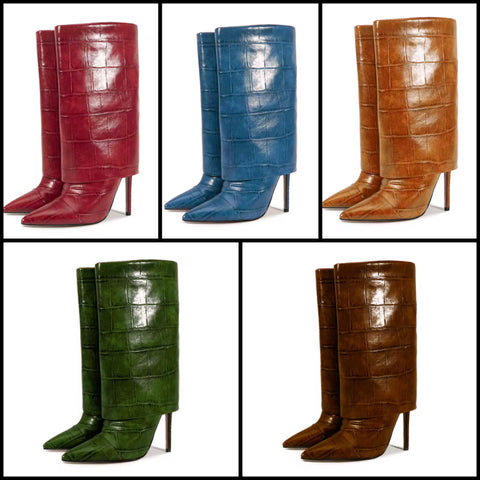 Women Pointed Toe Faux Leather Fashion High Heel Boots