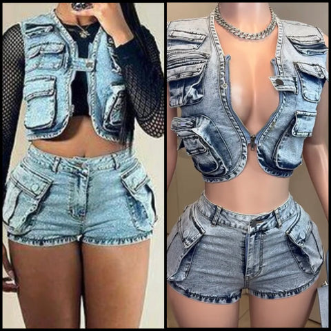 Women Fashion Sleeveless Cargo Vest Two Piece Short Set