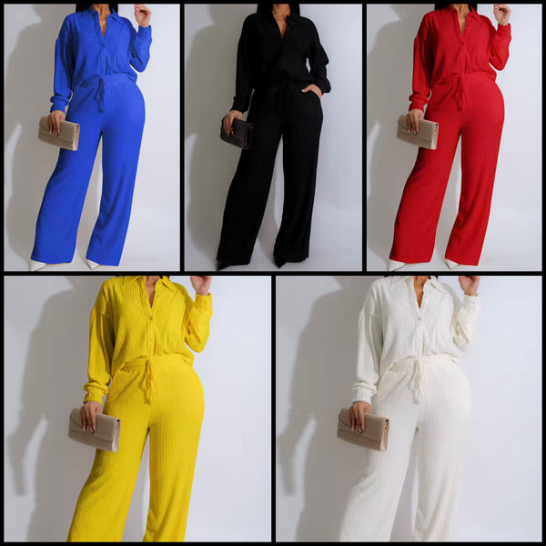 Women Button Up Ribbed Full Sleeve Two Piece Pant Set