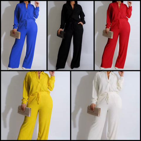 Women Button Up Ribbed Full Sleeve Two Piece Pant Set