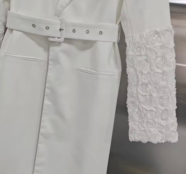 Women White Fashion Floral Sleeve Belted Trench Jacket