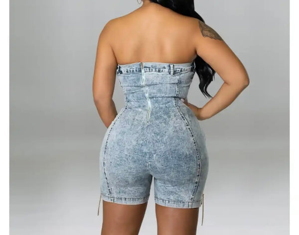 Women Sexy Strapless Chain Lace Up Denim Romper