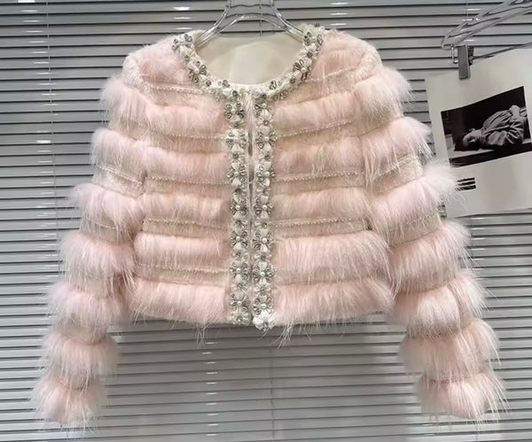 Women Fashion Pink Rhinestone Pearl Faux Fur Jacket