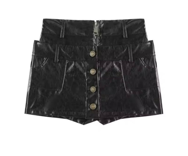 Women Fashion Black Button Up Faux Leather Shorts