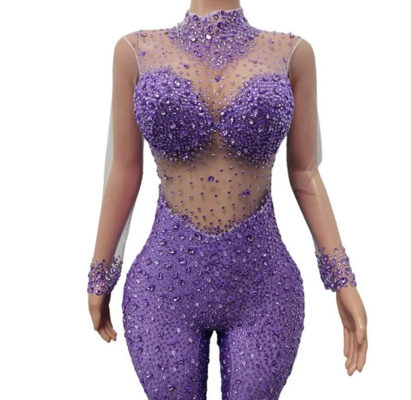 Women Sexy Fashion Bling Crystal Mesh Full Sleeve Jumpsuit