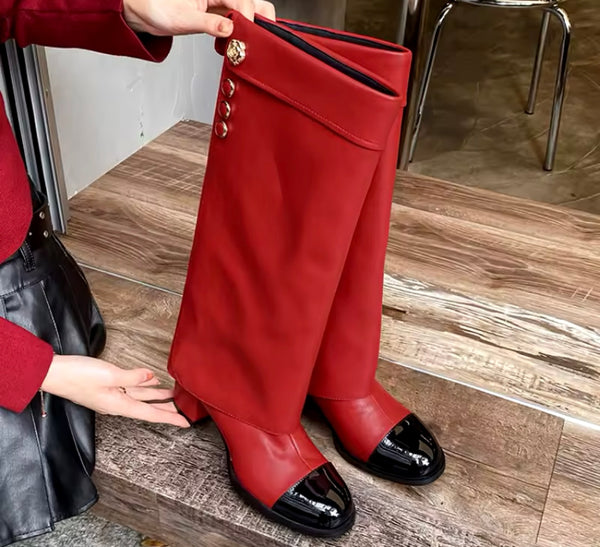 Women Fashion Faux Leather Gold Button Knee High Boots
