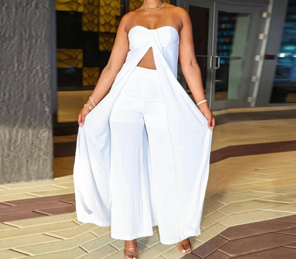 Women White Sexy Strapless Asymmetrical Two Piece Pant Set