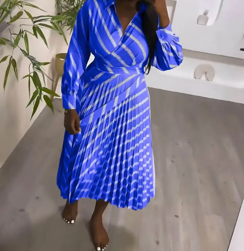 Women Full Sleeve Striped Pleated Maxi Dress