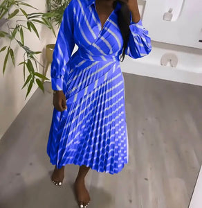Women Full Sleeve Striped Pleated Maxi Dress