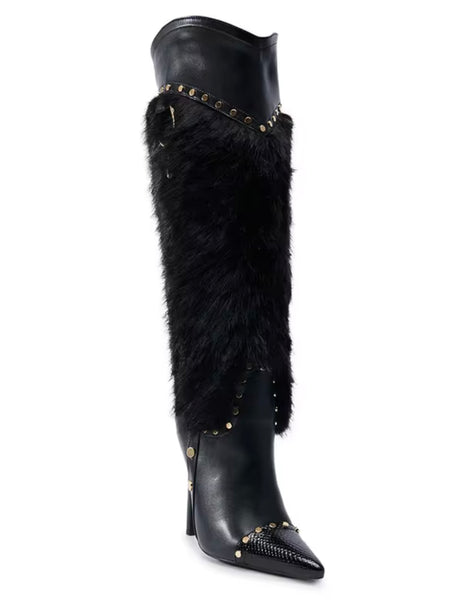 Women Black Fur Patchwork Rivet High Heel Knee High Boots