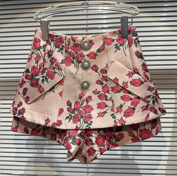 Women Button Floral Fashion Wrap Shorts