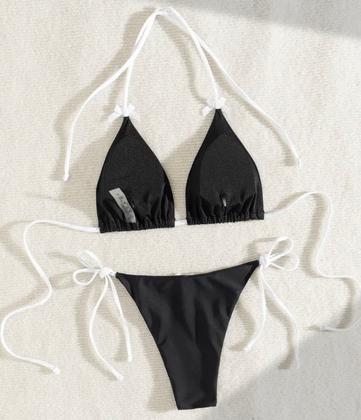 Women Sexy B&W Bow Tie Up Halter Bikini Swimsuit