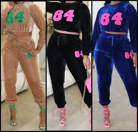 Women Fashion Number Velour Two Piece Tracksuit Pant Set
