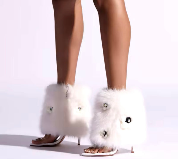 Women White Faux Fur Floral Fashion High Heel Ankle Boots