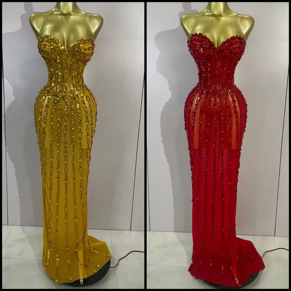 Women Sexy Strapless Rhinestone Mesh Maxi Dress