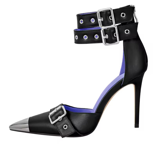 Women Fashion Metal Pointed Toe Buckled Ankle Strap High Heels