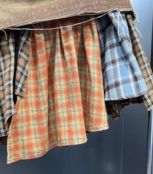 Women Fashion Plaid Pleated Denim Skirt