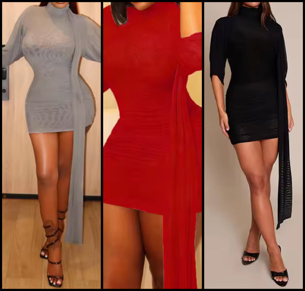 Women Sexy Ruched Mesh Ribbon Dress