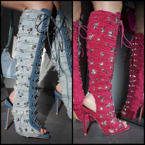 Women Fashion Open Toe Lace Up Bling Denim Knee High Boots