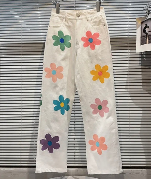 Women White Floral Fashion Denim Pants