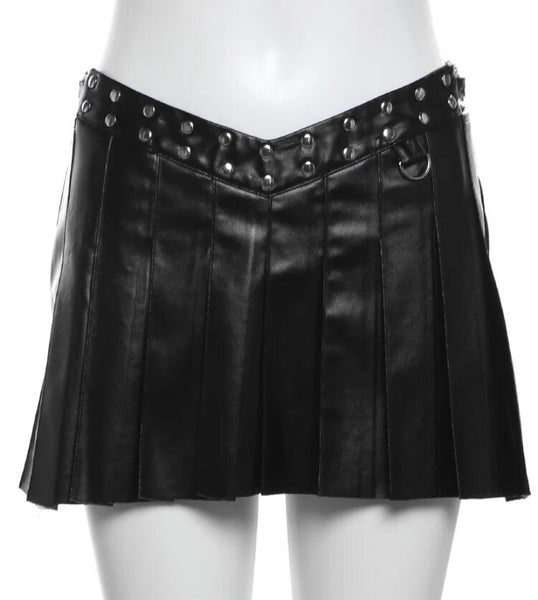 Women Sexy Strapless Black Rivet Buckled Faux Leather Two Piece Skirt Set