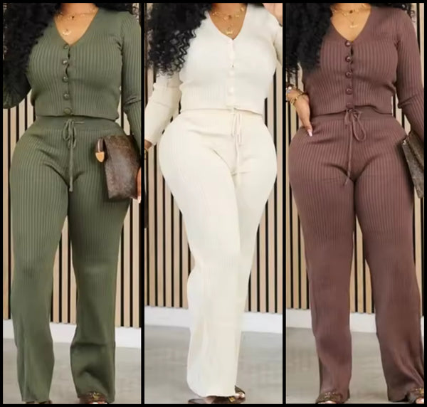 Women Fashion Ribbed Button Up Full Sleeve Two Piece Pant Set