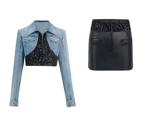 Women Fashion Faux Leather Sequins Two Piece Denim Jacket Skirt Set