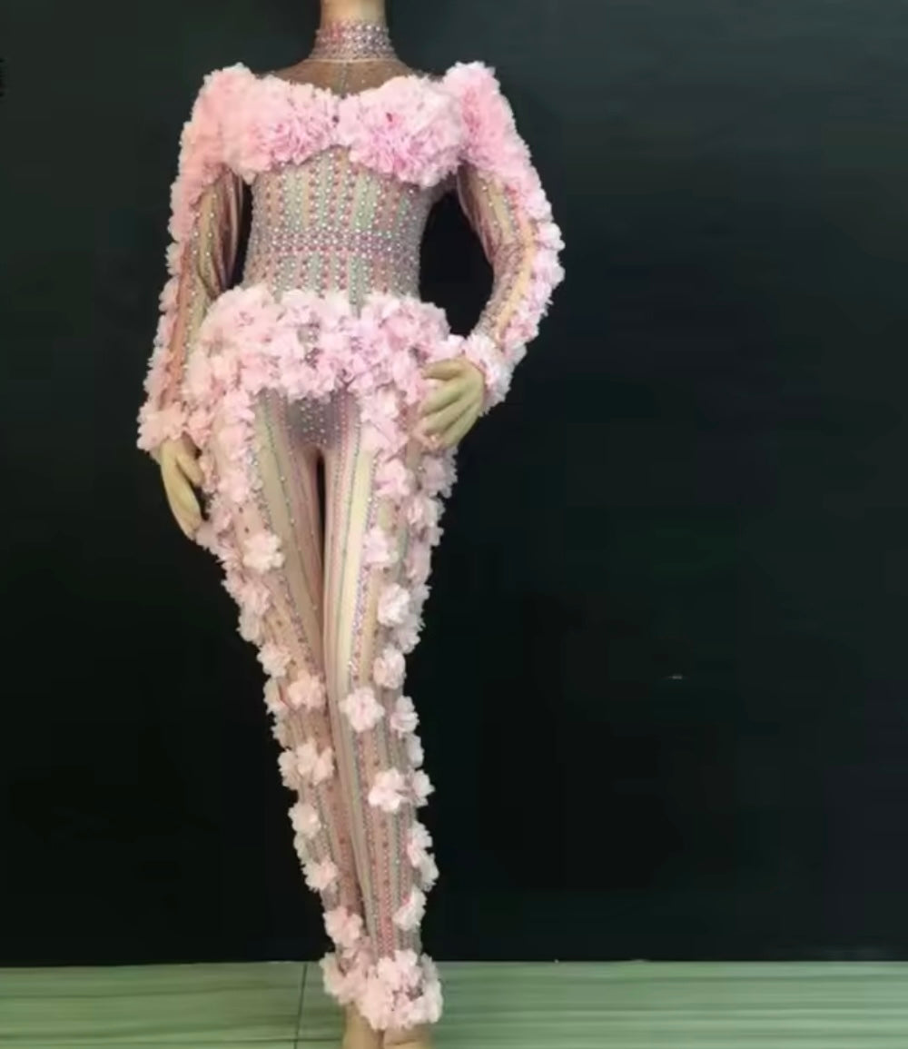 Women Sexy Floral Rhinestone Mesh Full Sleeve Jumpsuit