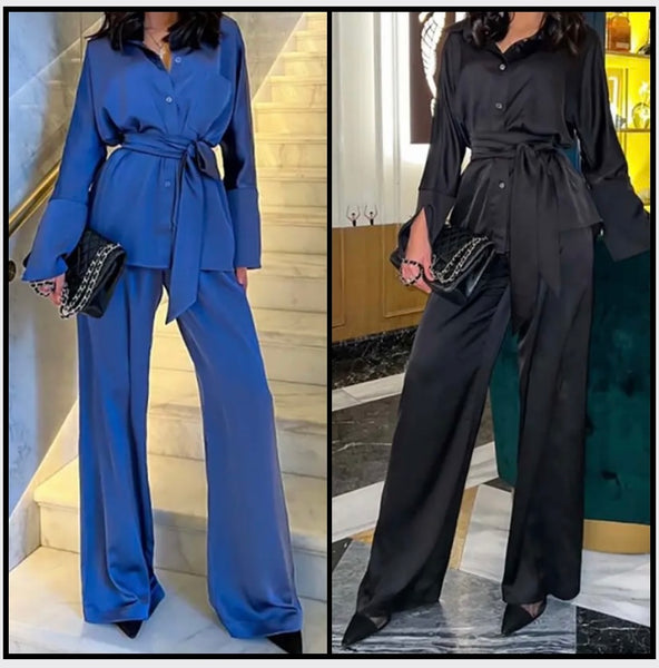 Women Sexy Button Up Belted Full Sleeve Two Piece Pant Set