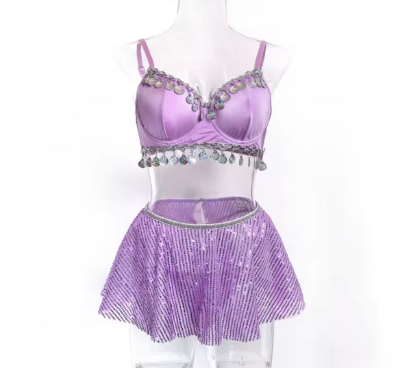 Women Sexy Purple Tassel Three Piece Lingerie Set