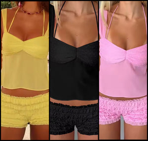 Women Color Sleeveless Fashion Ruched Two Piece Short Set