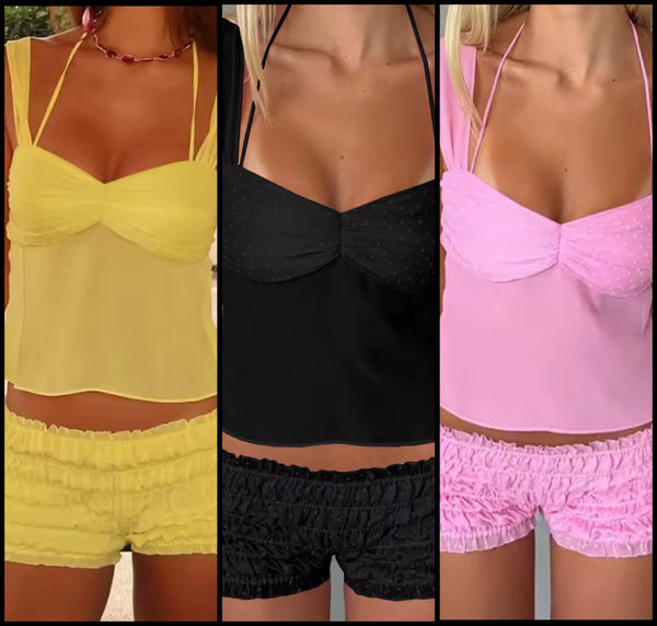 Women Color Sleeveless Fashion Ruched Two Piece Short Set