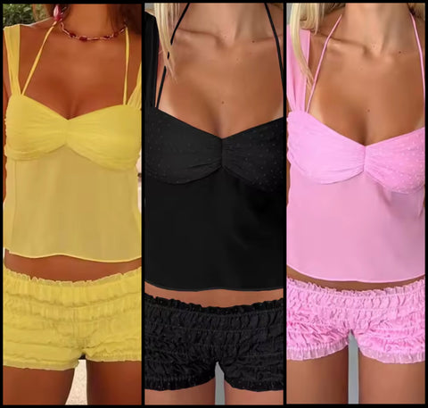 Women Color Sleeveless Fashion Ruched Two Piece Short Set