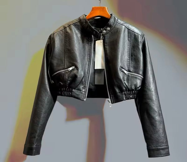 Women Faux Leather Zip Up Fashion Short Jacket