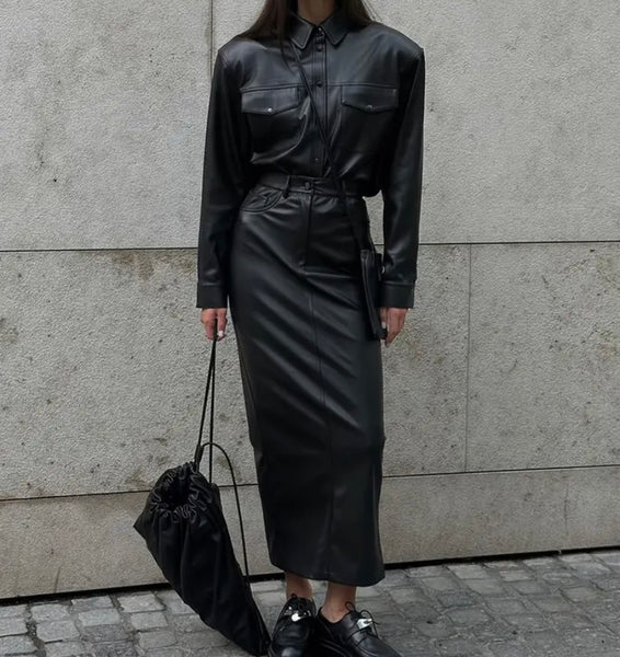 Women Black Fashion Faux Leather Button Up Two Piece Maxi Skirt Set