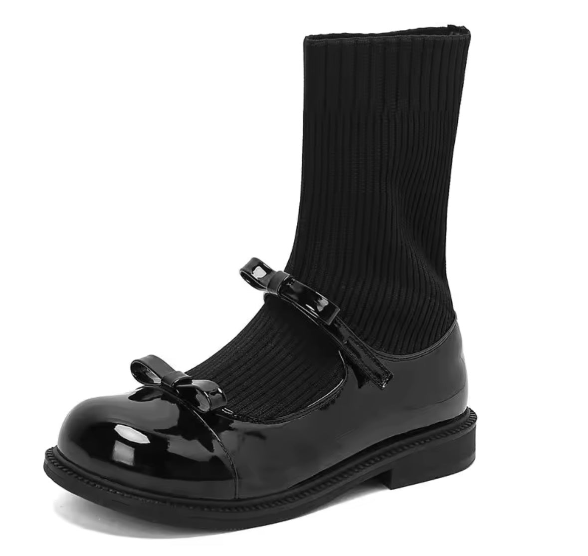 Women Fashion Black Bow Sock Flat Ankle/Mid Calf Boots