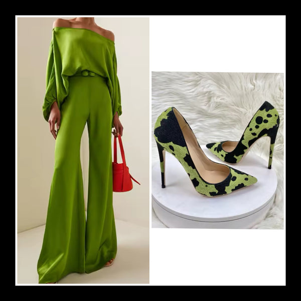 Women Fashion Green Off The Shoulder Two Piece Pant Set